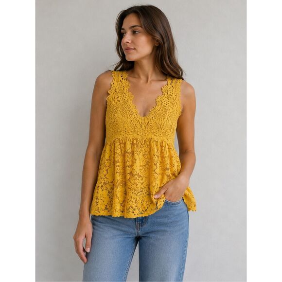 Luxury Boutique Tops - Luxury Boutique Mustard Yellow Lace Peplum Boho Top Women’s Size M See Notes